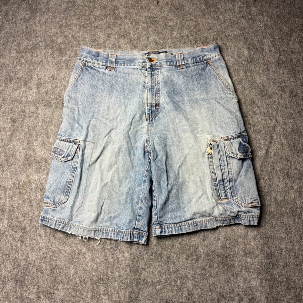Y2K STG Casual Denim Cargo Shorts Mens 36 Light Wash Distressed Baggy